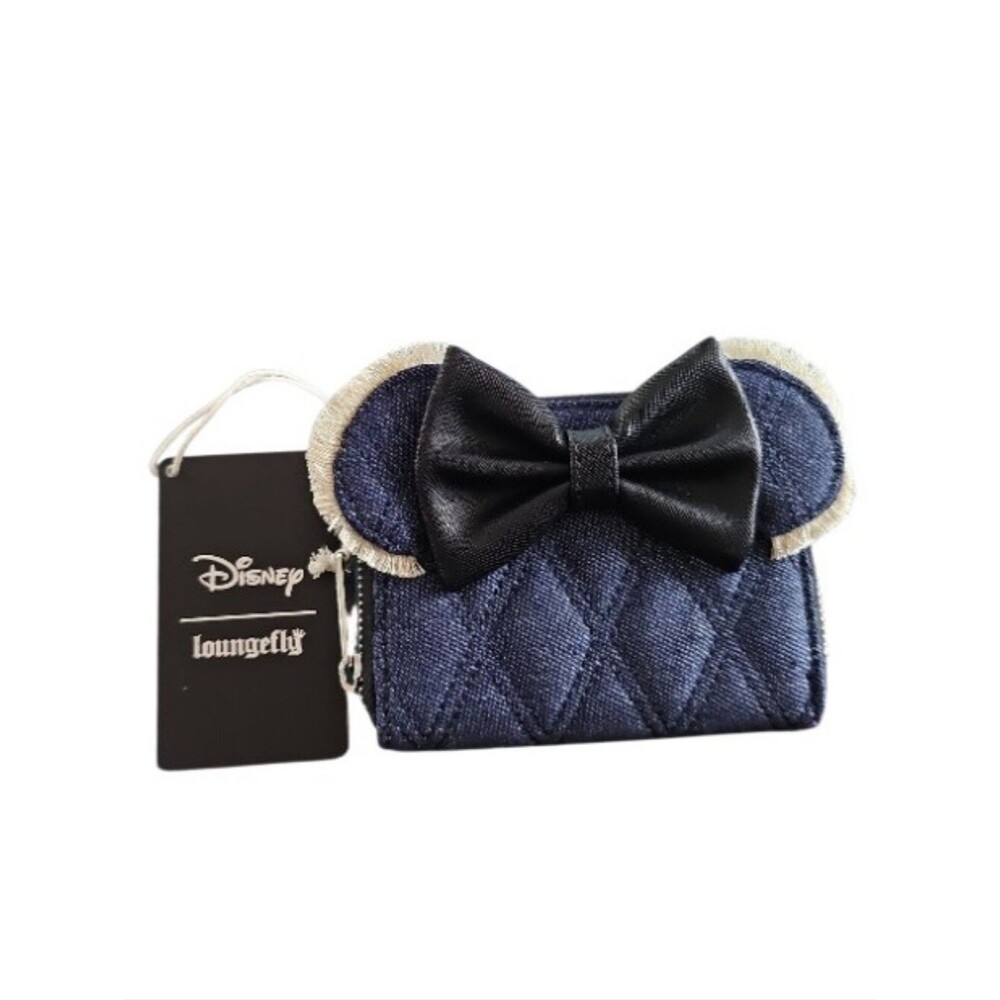Loungefly Disney Minnie Mouse Denim Quilted Zip Around Wallet NWT Bow Ears Gift